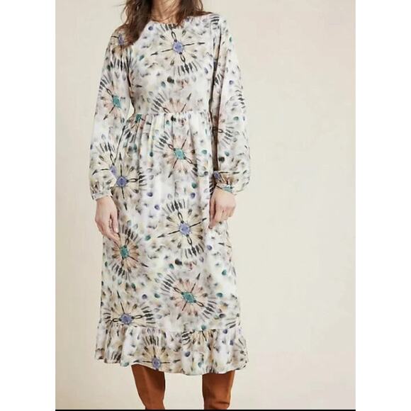 Anthropologie X Kachel Chiara Ruffle Long Sleeve Watercolor Midi Dress 6 (UK 10) - Picture 2 of 16